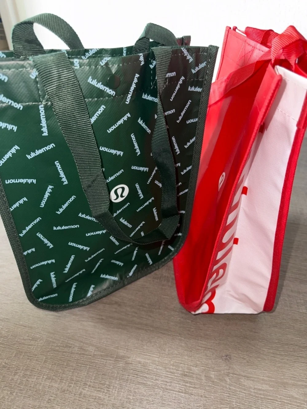 lululemon Set of 2 athletica Olive Green and Red Logo Reusable Tote